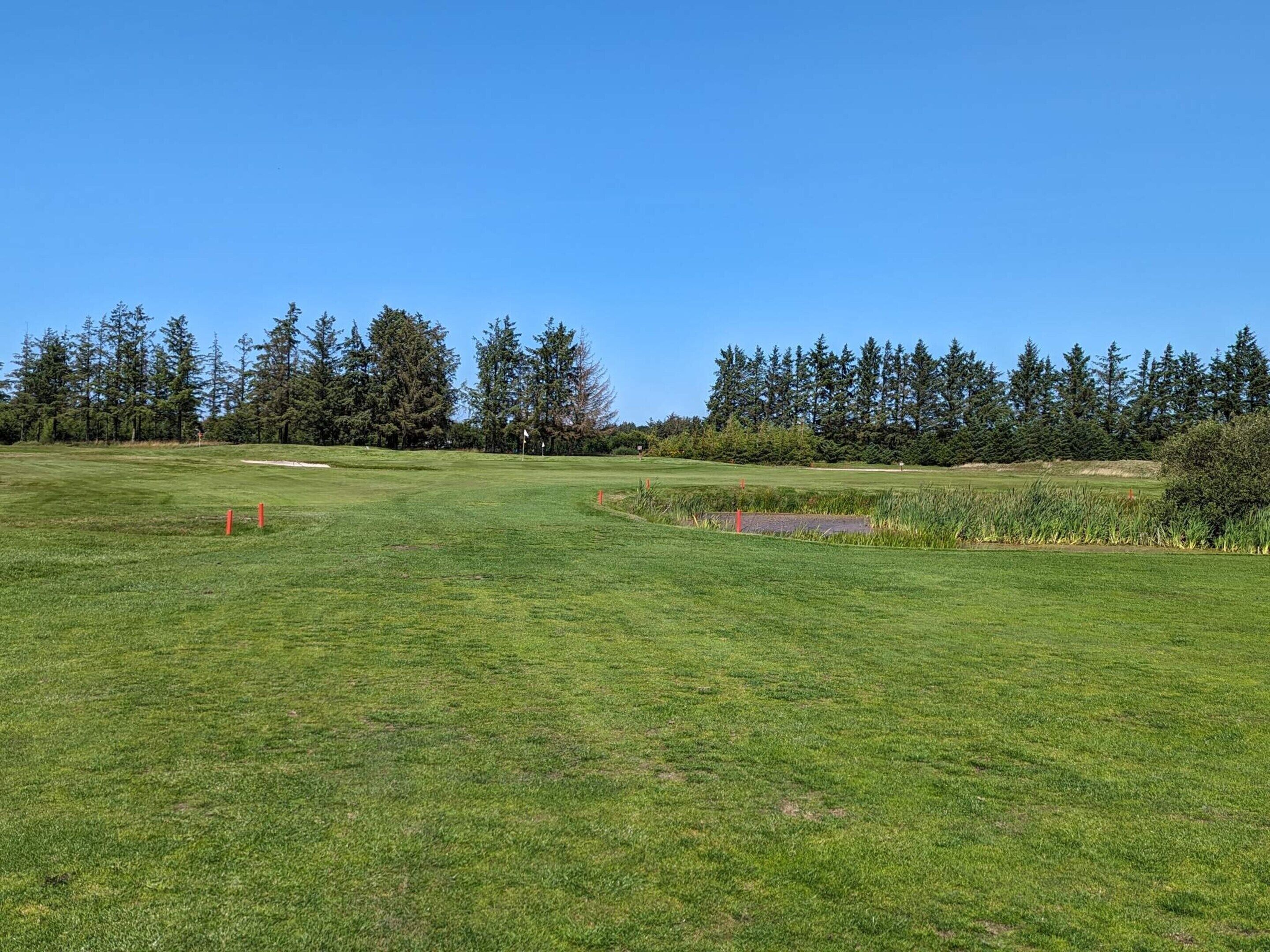 A golf course with a clear sky, green grass, and a pond.