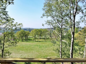A view from a wooden deck overlooking a grassy field with trees and a distant mountain range.