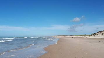 En bred sandstrand med bløde bølger, klar himmel og klitter i baggrunden.
