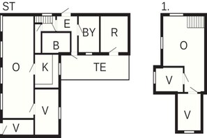 Un plan dâhĂŽtel comprenant plusieurs chambres identifiĂ©es par les lettres suivantes : ST, B, K, TE, E, BY, R, O et V.
