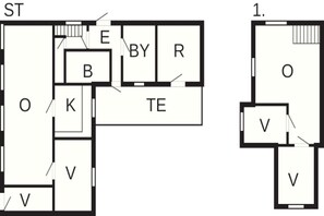 Un plan dâĂ©tage indiquant les diffĂ©rentes piĂšces, notamment : salle de stockage (ST), salle dâexposition (E), bureau (BY), salle de repos (R), salle de bains (B), cuisine (K), salle de tĂ©lĂ©communications (TE), bureau (O) et vestiaire (V).