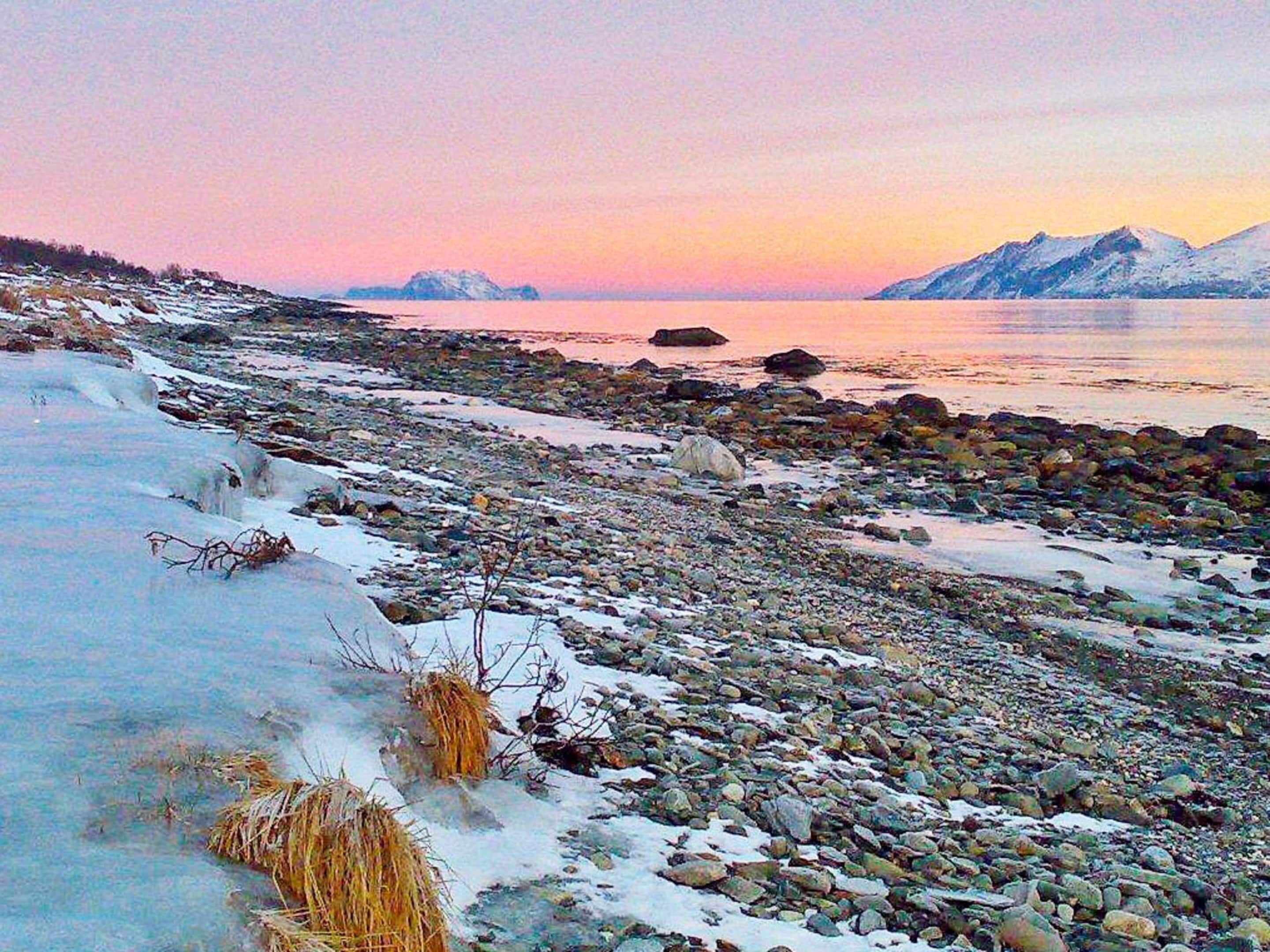 A rocky shoreline with snow patches and a calm body of water.