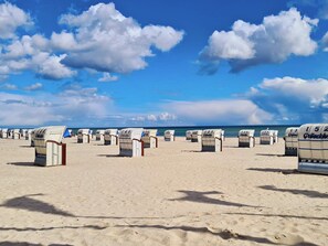 A beach with rows of beach chairs labeled with numbers, a clear sky, and the ocean in the background. - Holiday Home in GrÃ¶mmitz (Groemitz)
