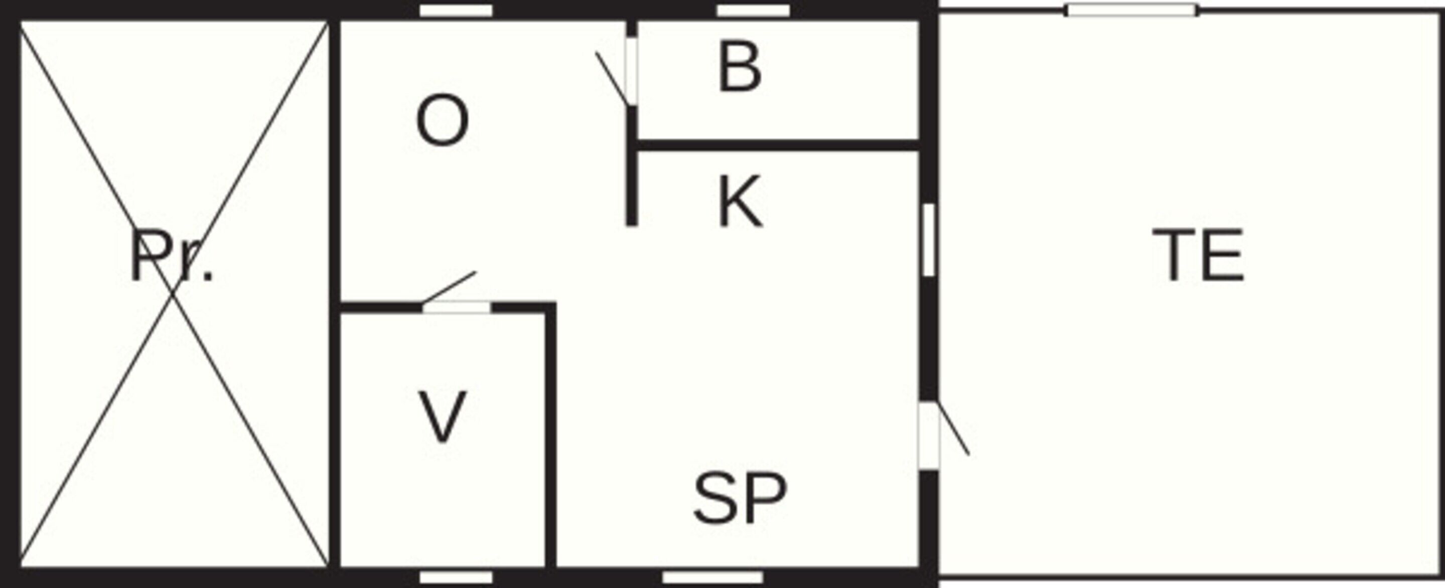 A floor plan with labeled rooms: Rr., O, V, SP, B, K, and TE.