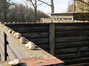 Een houten constructie met een schuin dak en een rij stenen langs de rand.