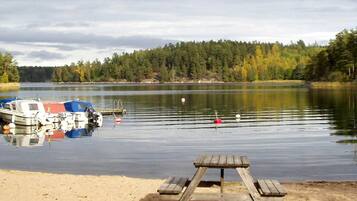 A lakeside setting with a dock, boats, and a picnic table.