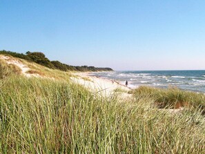 A beach with dunes and grass in the foreground, leading to the ocean. - 6 Person Holiday Home in Aakirkeby (Akirkeby)