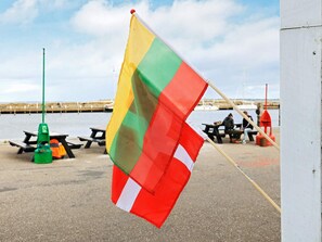 A flag on a pole at a waterfront location with picnic tables and a lifebuoy in the background.