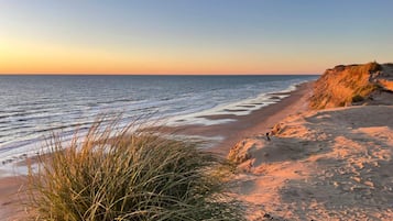 A beach with a clear sky, a sandy shore, and grass in the foreground.