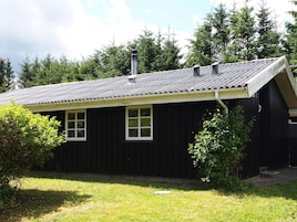 Et sort træhus med skråt tag og to vinduer.