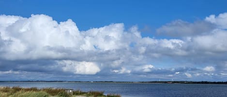 A beach with a gravel path, a wooden fence, and a body of water with distant wind turbines.