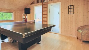 A wooden room with a pool table, a TV, and a window. - Wooden Holiday Home in Falster near Sea (Vaeggerlose)