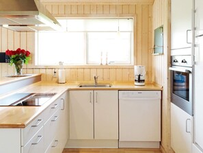 A modern kitchen with a dishwasher, oven, and a window above the sink. - 6 Person Holiday Home in Tranekaer (Tranekaer)