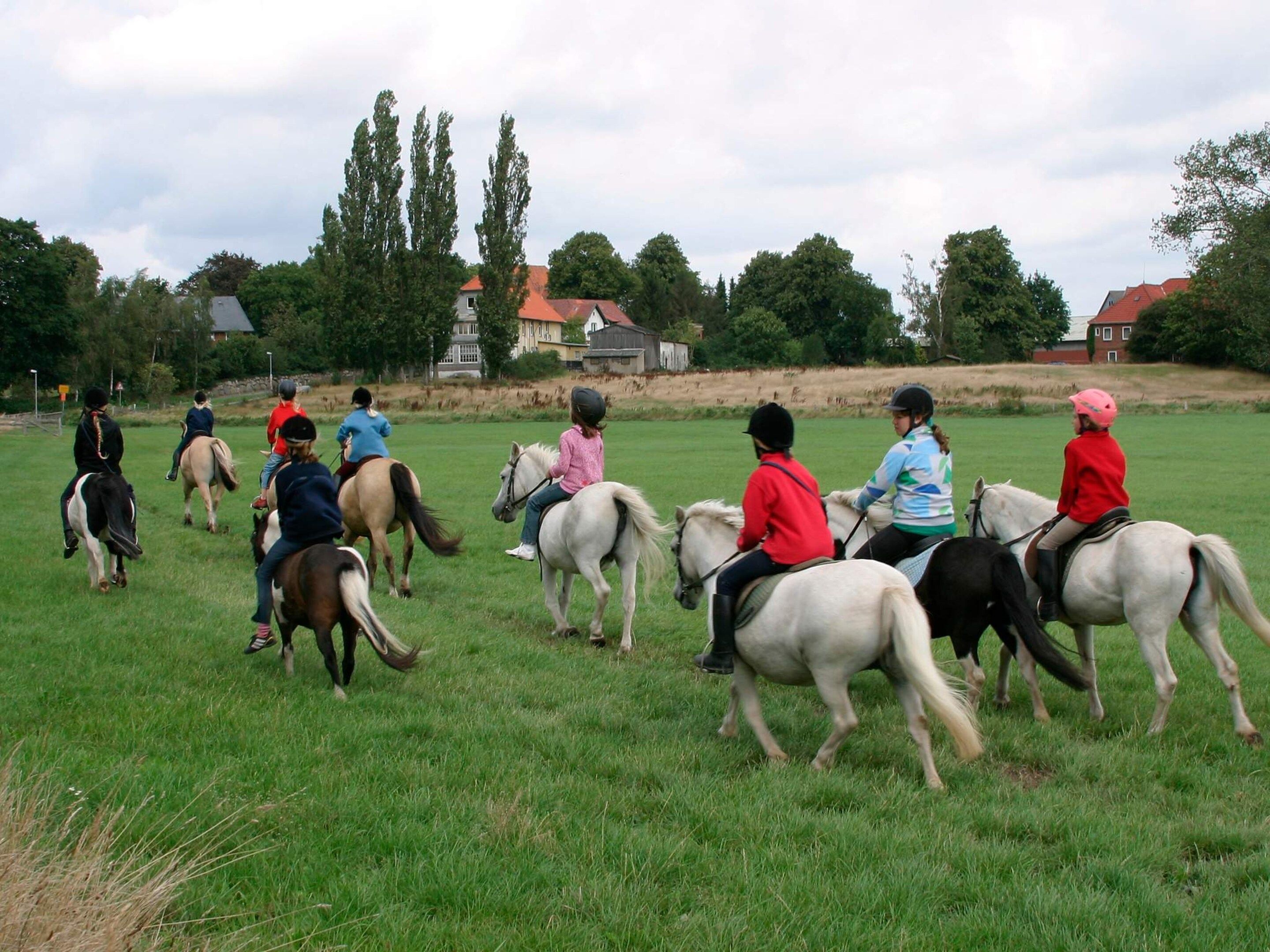A group of people riding horses in a grassy field with houses in the background.