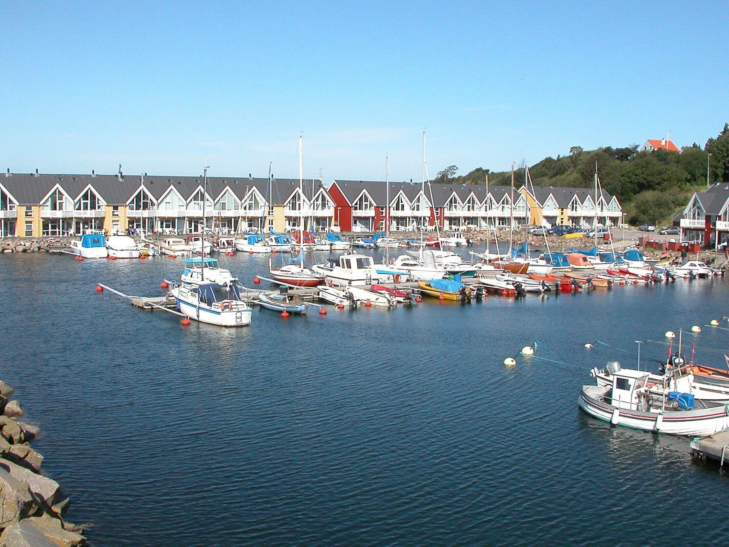 A harbor with numerous boats docked, a row of houses with distinct architectural styles, and a clear sky.