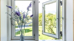 A window with a clear view of a garden and a vase with purple flowers.