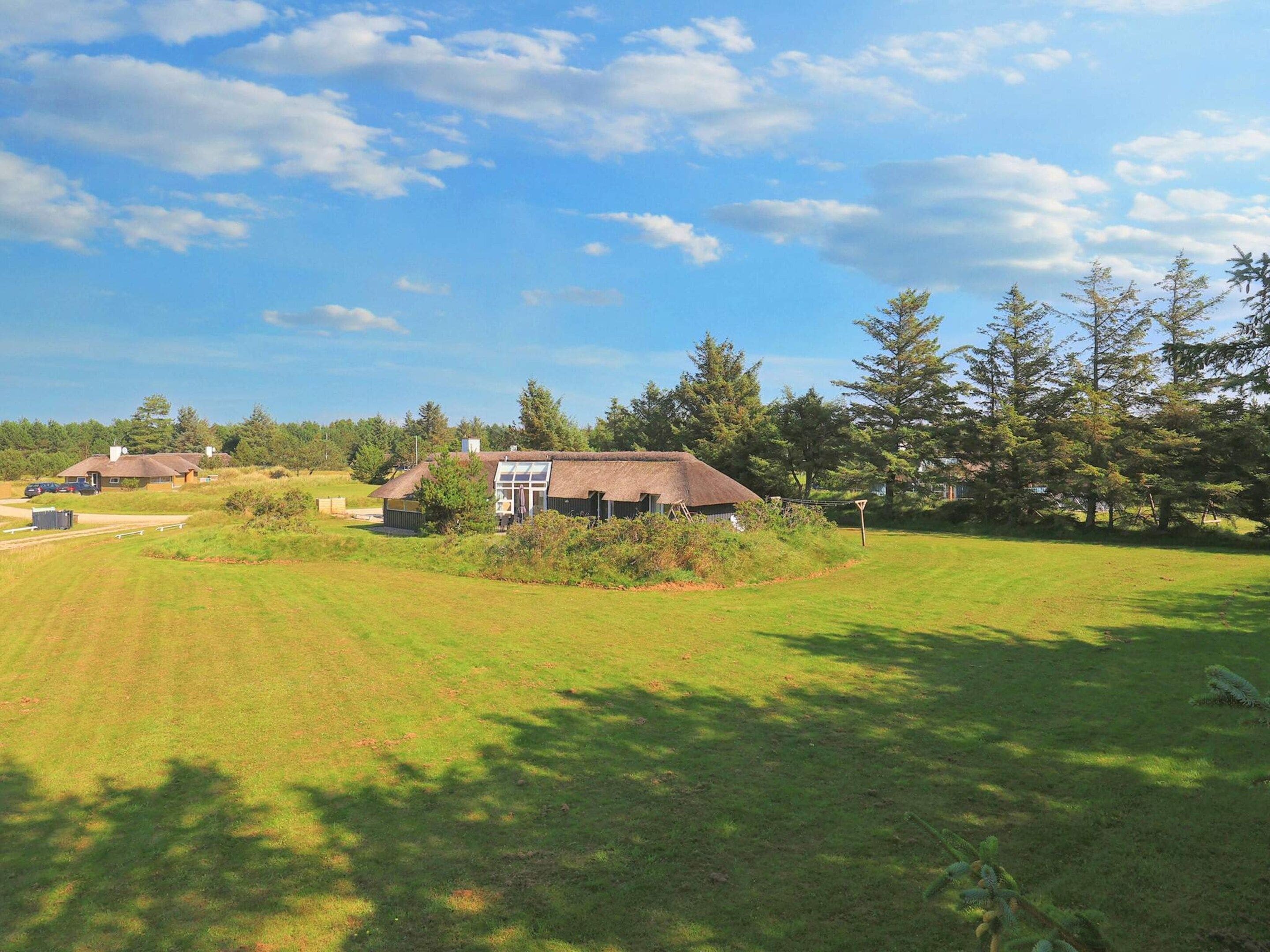 A rural setting with a thatched-roof building, a grassy field, and trees.