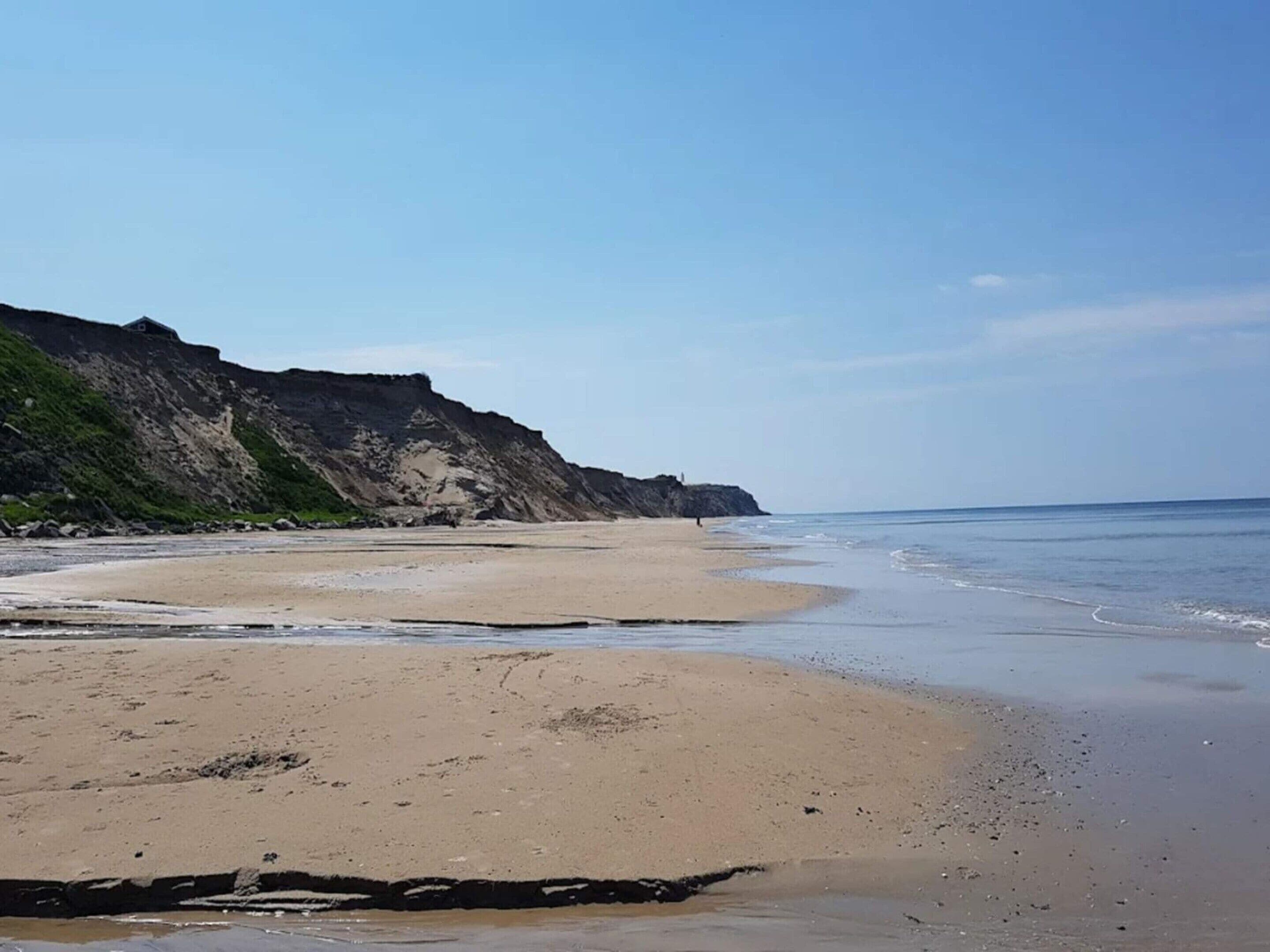 A beach with a sandy shore and a cliff in the background.