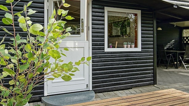 A wooden door with a window, a potted plant, and a wooden bench outside a building.