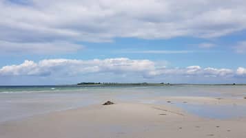 A beach with a sandy shore, calm water, and a distant landmass under a cloudy sky.