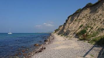 A coastal path with pebbles and a sandy beach, leading to a cliff with sparse vegetation.