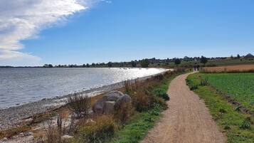 Un sendero costero junto a una masa de agua bajo un cielo despejado.