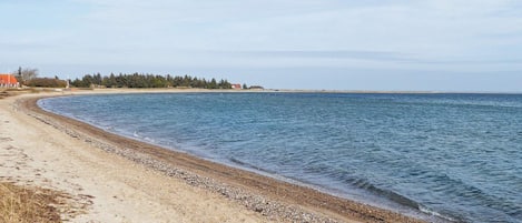 A beach with a pebbly shore, a clear sky, and a distant shoreline with buildings.