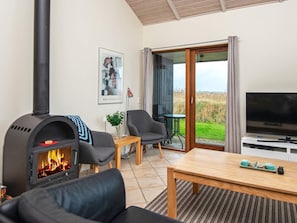 A cozy living room with a wood-burning stove, a sofa, a TV, and a view of the outdoors.