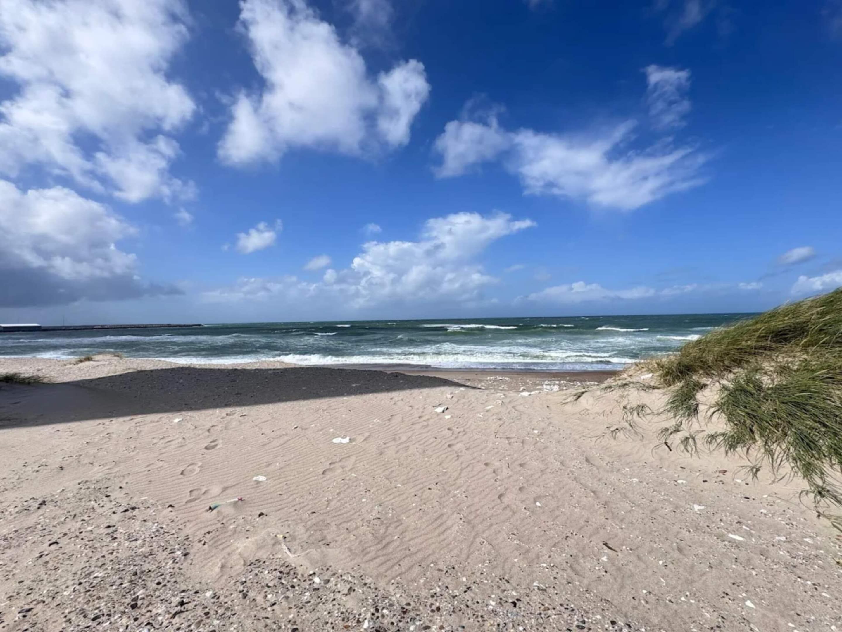 A beach with a sandy shore, waves, and a clear sky.