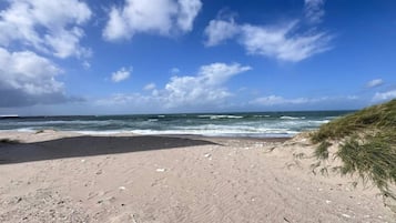 A beach with a clear sky, waves, and a sandy shore.