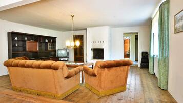 A spacious living room with a fireplace, a television, and a bookshelf.