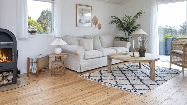 A cozy living room with a fireplace, a sofa, a coffee table, and a potted plant. - 6 Person Holiday Home in Struer-by Traum (Struer)