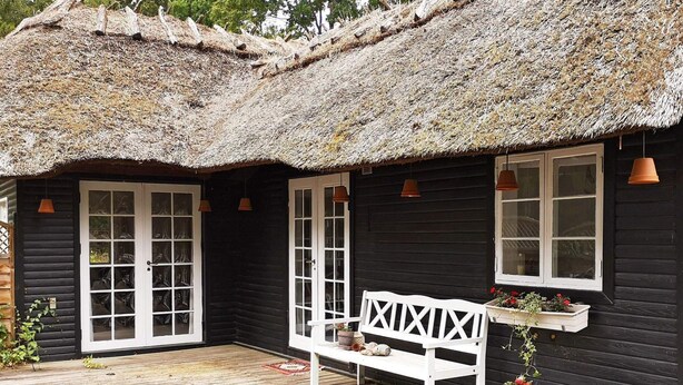 A thatched-roof cottage with white-framed windows, a wooden deck, and a bench. - 6 Person Holiday Home in Rodby (Rodby)