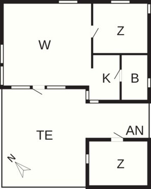 A floor plan with labeled rooms W, TE, Z, K, B, and AN. - 6 Person Holiday Home in Gudhjem-by Traum (Gudhjem)