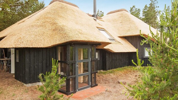 Una hilera de cabañas con techo de paja y puerta de vidrio, rodeadas de vegetación escasa.