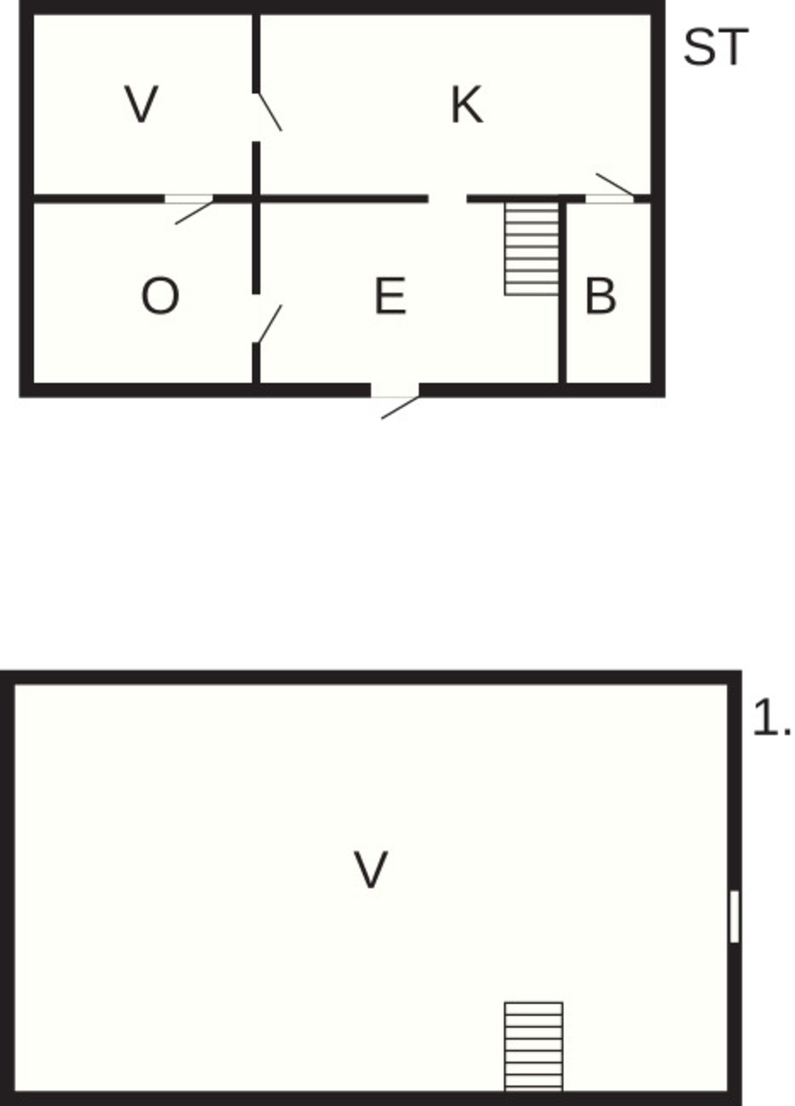 A floor plan with labeled rooms V, K, O, E, B, and ST.