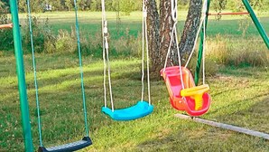 A swing set with two swings, one blue and one red, in a grassy park area. - 6 Person Holiday Home in Vara (Vara)