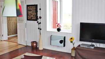 Una sala de estar con televisor, una mesa de centro, un jarrón con un girasol, un radiador y una ventana con cortinas.