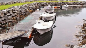 Een rij boten afgemeerd aan een steiger, met een rotsachtige kustlijn en een bebost heuvel op de achtergrond.