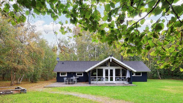A small, dark blue cabin with a sloped roof and a covered porch, surrounded by a grassy yard and trees. - 9 Person Holiday Home in Vaeggerlose-by Traum (Vaeggerlose)