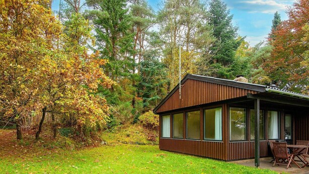 Eine Hütte mit überdachter Terrasse und einem von Bäumen umgebenen Rasen.