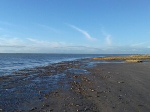 A beach with wet sand and water, a clear sky, and distant land. - Fabulous Holiday Home in FanÃ¸ near Sea (Fano)
