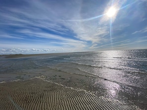 En strand med vågformiga sanddyner, en klar himmel och solljus som reflekteras i vattnet.