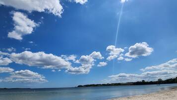 A beach with clear skies and calm water.