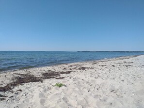 Une plage avec une eau d’un bleu limpide et un rivage sablonneux.