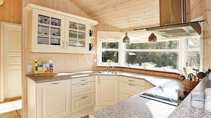 Une cuisine avec des lambris en bois, un plan de travail en granit et une fenêtre donnant sur la forêt.