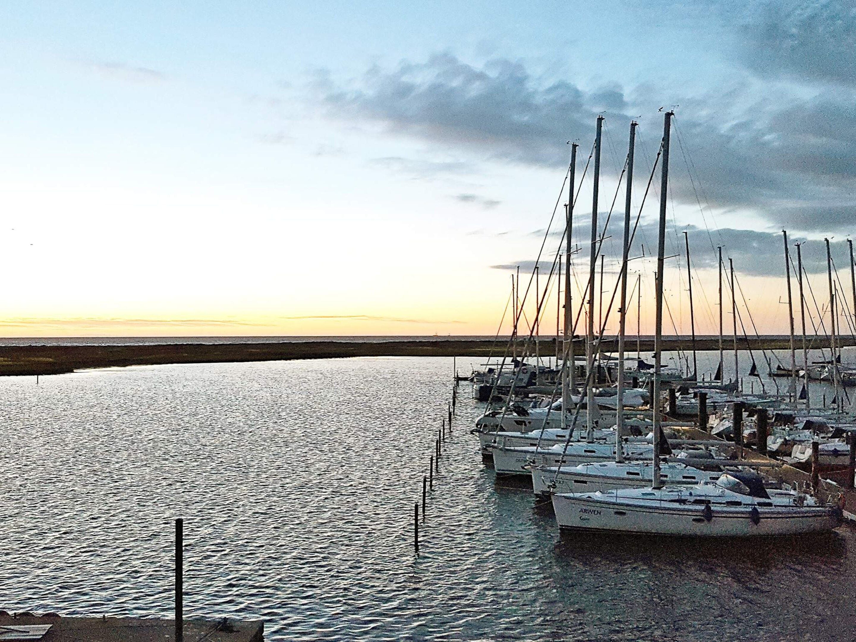 Un port de plaisance où sont amarrés de nombreux voiliers, l’eau est calme et le ciel est dégagé.