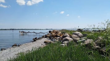 A lakeside view with a rocky shoreline, clear sky, and distant buildings.
