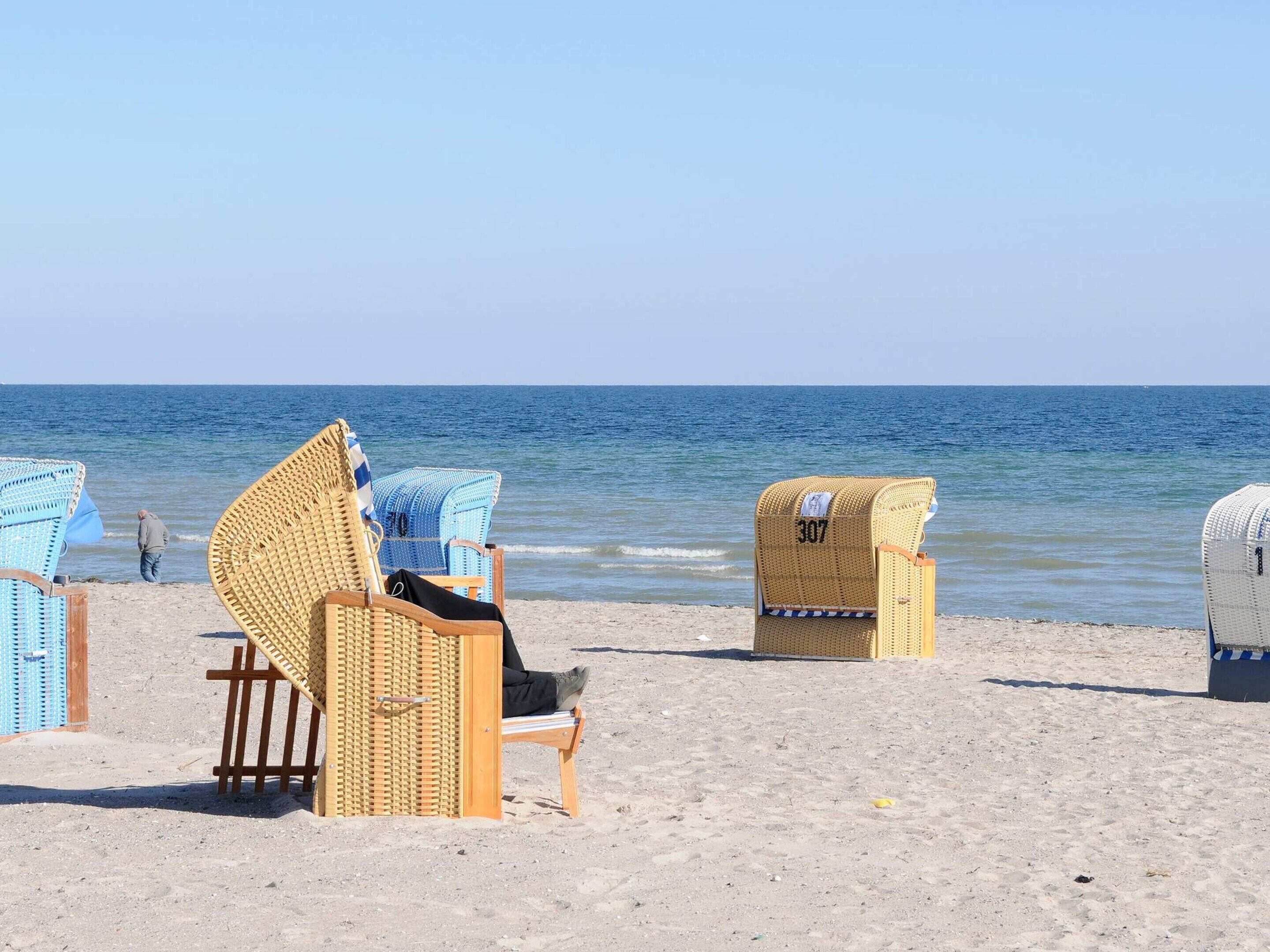 Beach chairs and a wooden bench on a sandy beach with the ocean in the background.