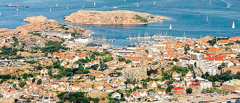 A coastal town with a marina, boats, and buildings with red roofs.